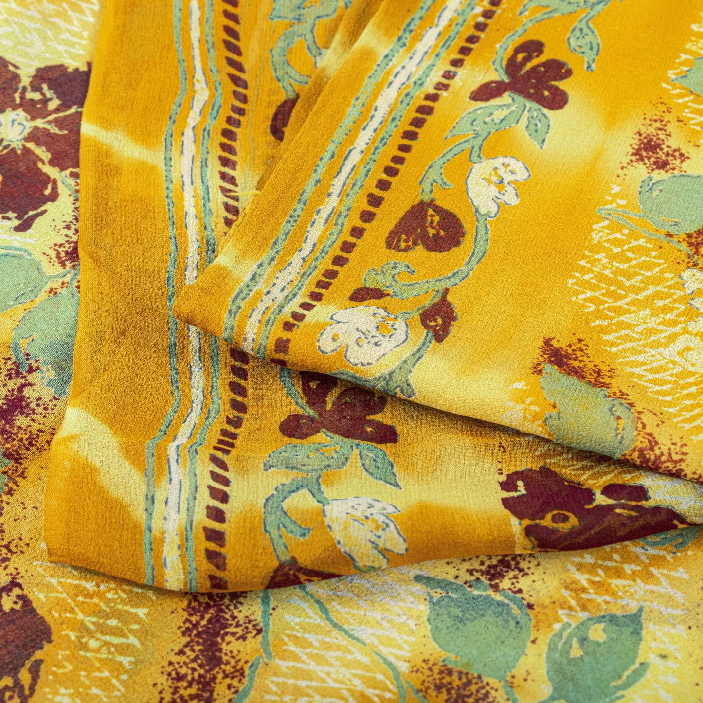 Sanskriti Vintage Saree Yellow Pure Georgette Floral Print Sari 5.5+Yard Fabric