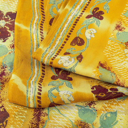 Sanskriti Vintage Saree Yellow Pure Georgette Floral Print Sari 5.5+Yard Fabric