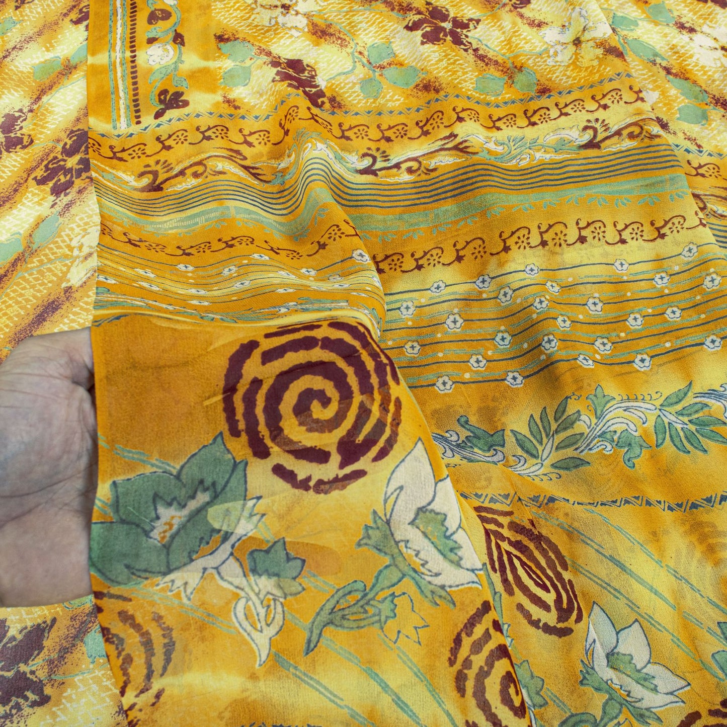 Sanskriti Vintage Saree Yellow Pure Georgette Floral Print Sari 5.5+Yard Fabric