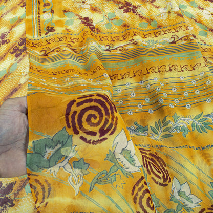 Sanskriti Vintage Saree Yellow Pure Georgette Floral Print Sari 5.5+Yard Fabric