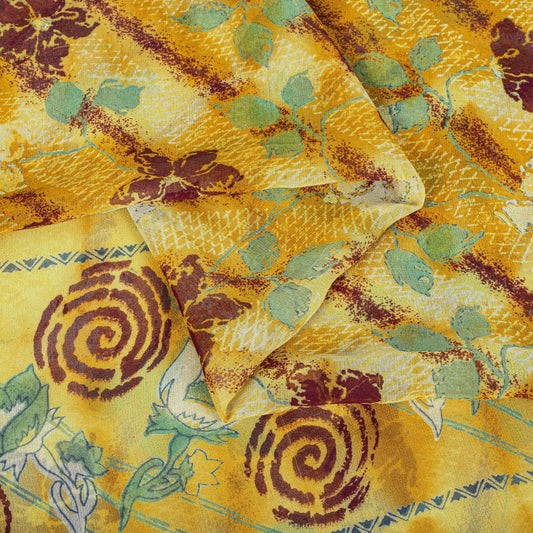 Sanskriti Vintage Saree Yellow Pure Georgette Floral Print Sari 5.5+Yard Fabric