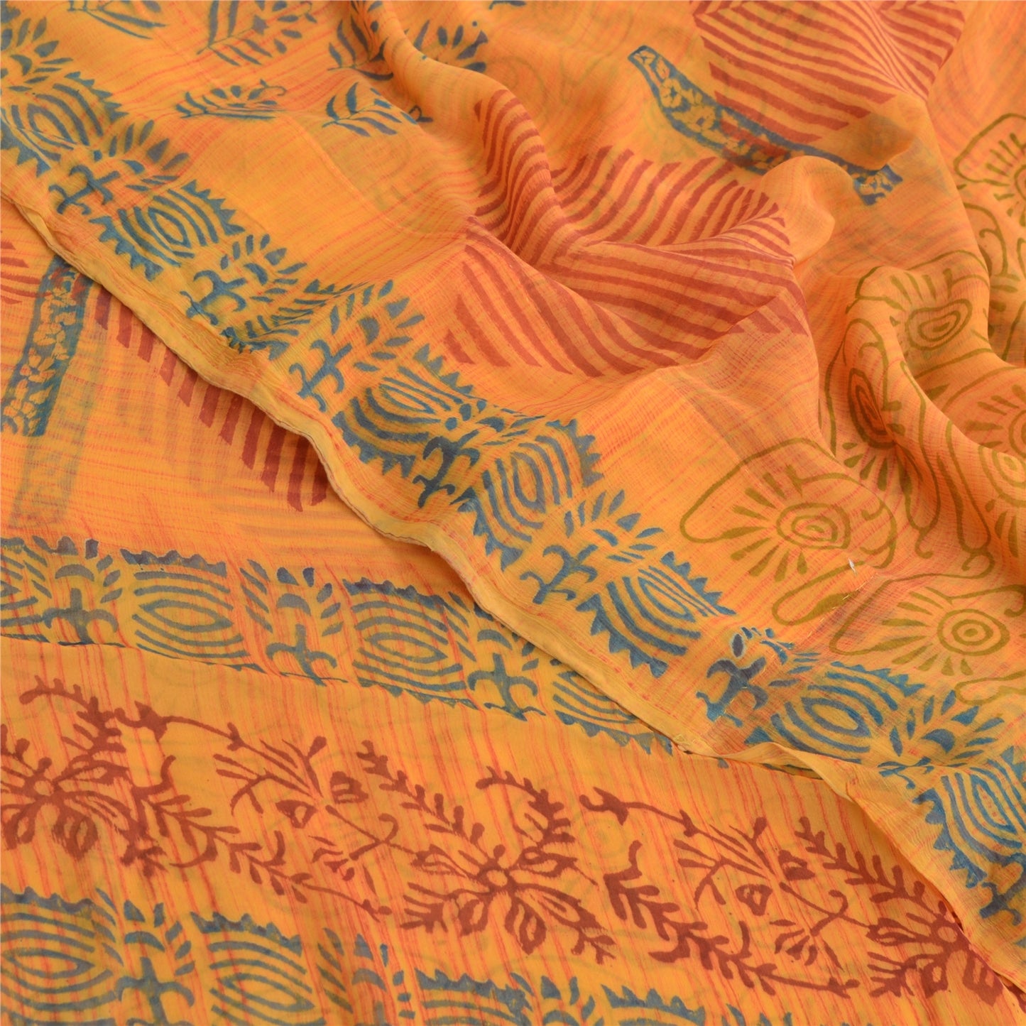 Sanskriti Vintage Sari 100% Pure Georgette Silk Yellow Floral Printed Saree 6Yd Craft Fabric Boho Quilting Material For DIY Projects