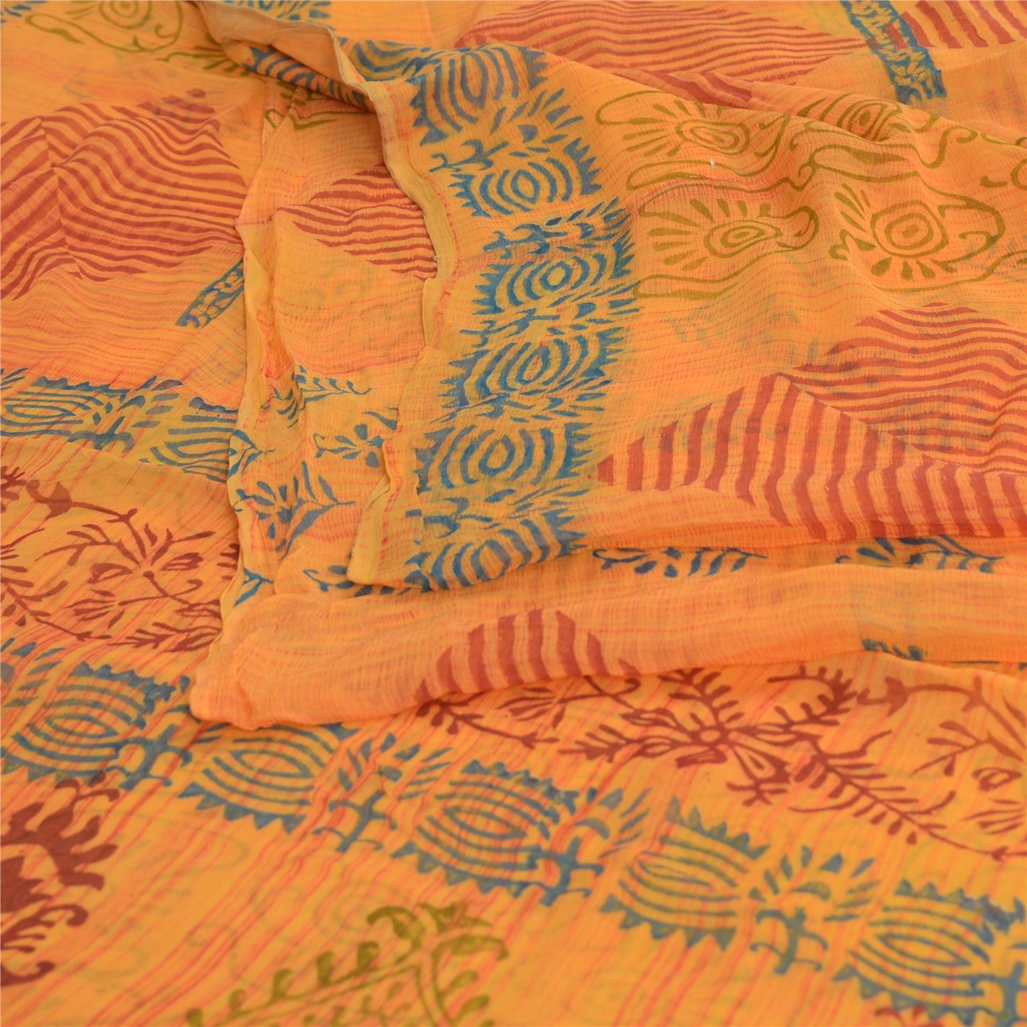 Sanskriti Vintage Sari 100% Pure Georgette Silk Yellow Floral Printed Saree 6Yd Craft Fabric Boho Quilting Material For DIY Projects