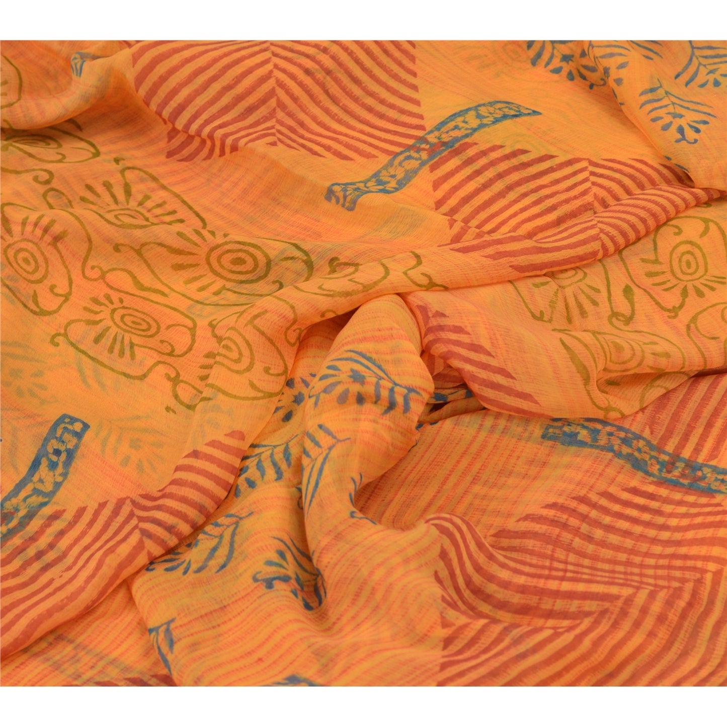 Sanskriti Vintage Sari 100% Pure Georgette Silk Yellow Floral Printed Saree 6Yd Craft Fabric Boho Quilting Material For DIY Projects