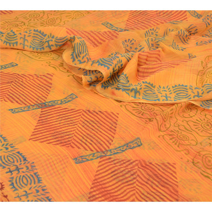 Sanskriti Vintage Sari 100% Pure Georgette Silk Yellow Floral Printed Saree 6Yd Craft Fabric Boho Quilting Material For DIY Projects