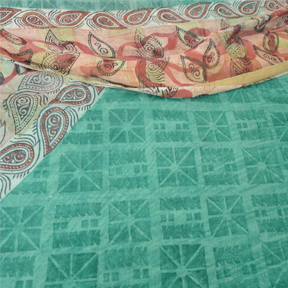 Sanskriti Vintage Grøn Sari Blend Georgette Trykt Sari 5Yd Håndværk Blødt Bæredygtigt Stoff