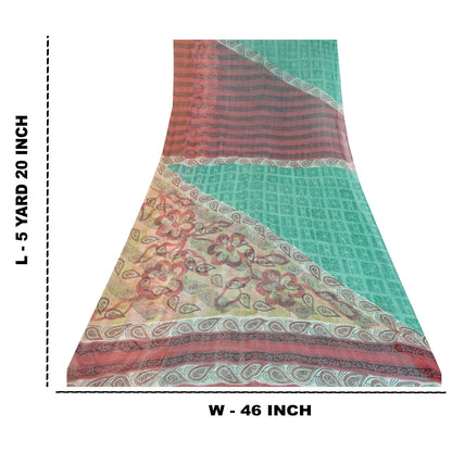 Sanskriti Vintage Grøn Sari Blend Georgette Trykt Sari 5Yd Håndværk Blødt Bæredygtigt Stoff