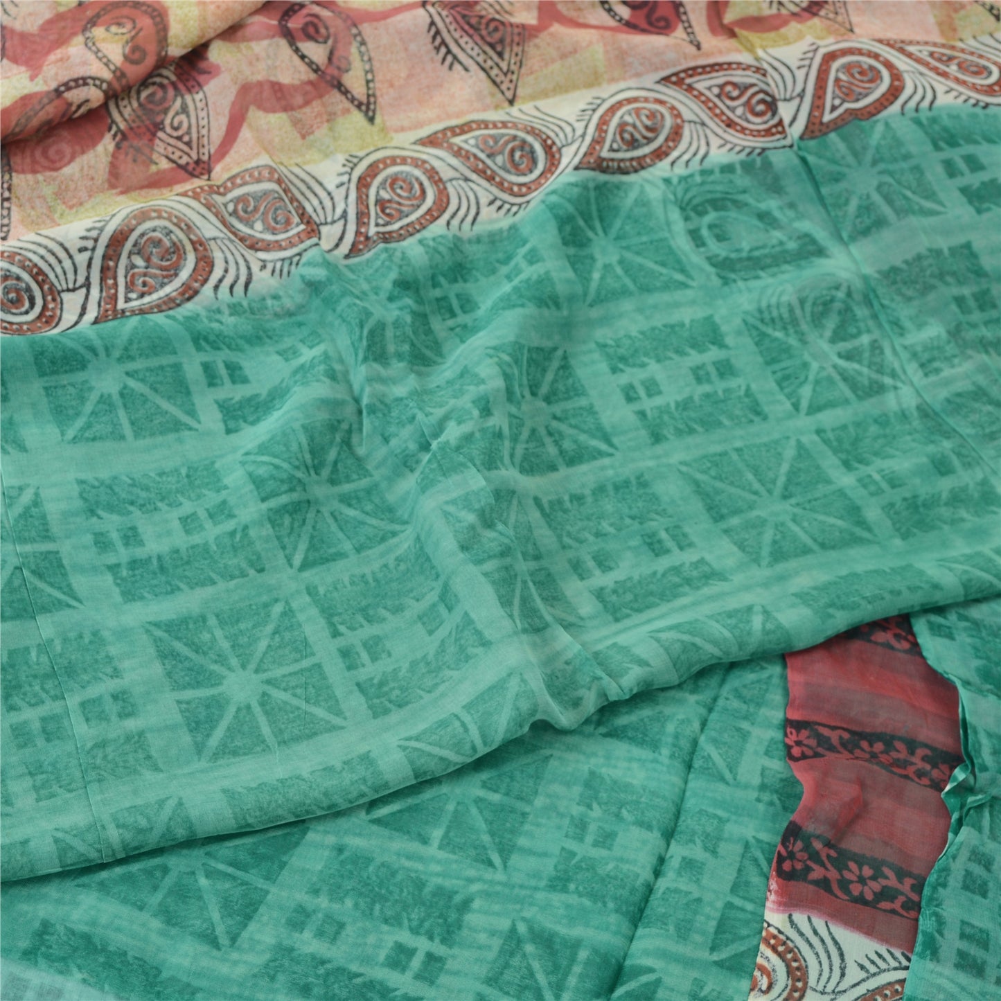 Sanskriti Vintage Grøn Sari Blend Georgette Trykt Sari 5Yd Håndværk Blødt Bæredygtigt Stoff