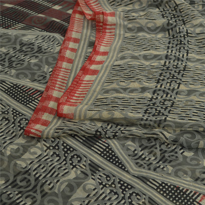 Sanskriti Vintage Saree Grey Georgette 6Yd Saree Floral Printed Sari Craft Decor Soft Fabric Upcycling, Recycling, Dress Making, Sewing