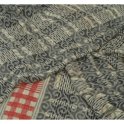 Sanskriti Vintage Saree Grey Georgette 6Yd Saree Floral Printed Sari Craft Decor Soft Fabric Upcycling, Recycling, Dress Making, Sewing