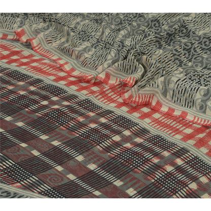 Sanskriti Vintage Saree Grey Georgette 6Yd Saree Floral Printed Sari Craft Decor Soft Fabric Upcycling, Recycling, Dress Making, Sewing
