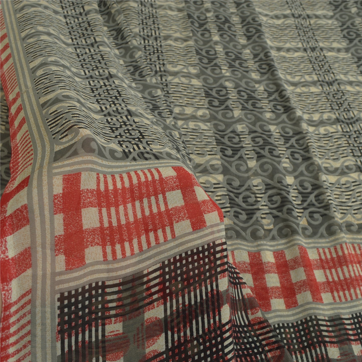 Sanskriti Vintage Saree Grey Georgette 6Yd Saree Floral Printed Sari Craft Decor Soft Fabric Upcycling, Recycling, Dress Making, Sewing