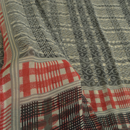 Sanskriti Vintage Saree Grey Georgette 6Yd Saree Floral Printed Sari Craft Decor Soft Fabric Upcycling, Recycling, Dress Making, Sewing