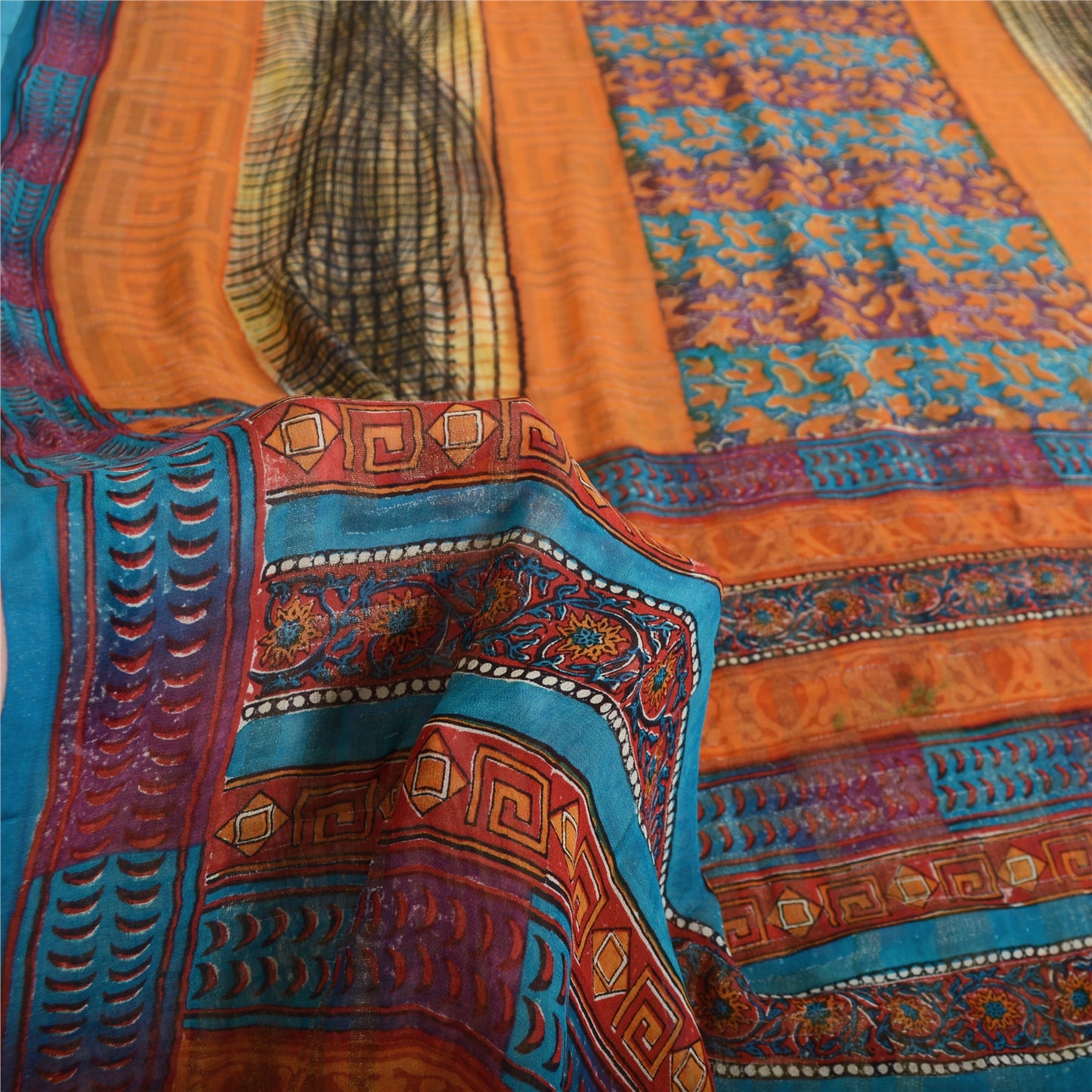 Sanskriti Vintage 100% Pure Georgette Silk Orange Printed Saree 5 Yd Craft Fabric Floral Recycled For Quilting Felting, Home Decor