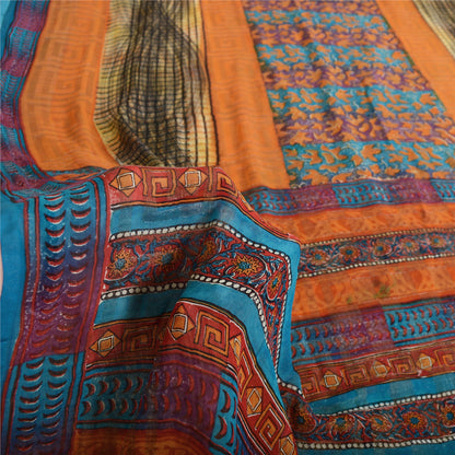 Sanskriti Vintage 100% Pure Georgette Silk Orange Printed Saree 5 Yd Craft Fabric Floral Recycled For Quilting Felting, Home Decor