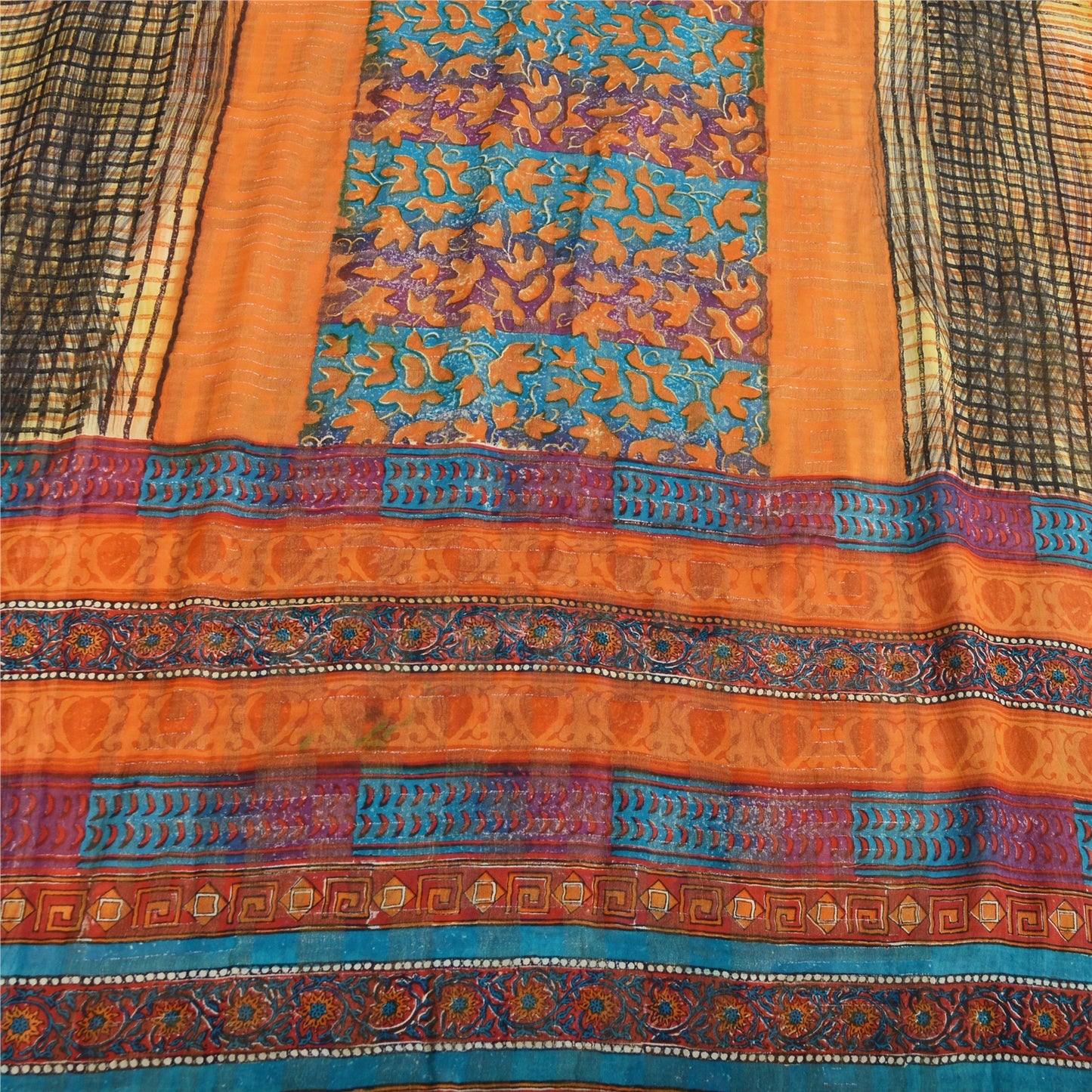Sanskriti Vintage 100% Pure Georgette Silk Orange Printed Saree 5 Yd Craft Fabric Floral Recycled For Quilting Felting, Home Decor