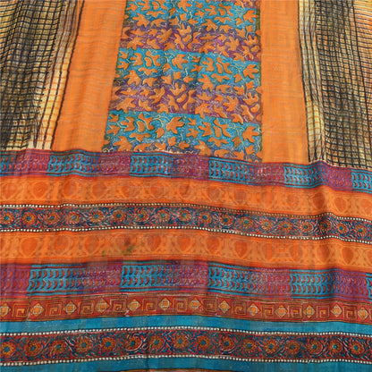 Sanskriti Vintage 100% Pure Georgette Silk Orange Printed Saree 5 Yd Craft Fabric Floral Recycled For Quilting Felting, Home Decor