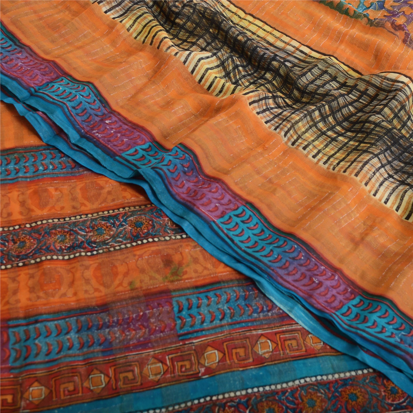 Sanskriti Vintage 100% Pure Georgette Silk Orange Printed Saree 5 Yd Craft Fabric Floral Recycled For Quilting Felting, Home Decor