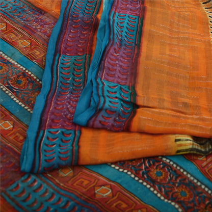 Sanskriti Vintage 100% Pure Georgette Silk Orange Printed Saree 5 Yd Craft Fabric Floral Recycled For Quilting Felting, Home Decor
