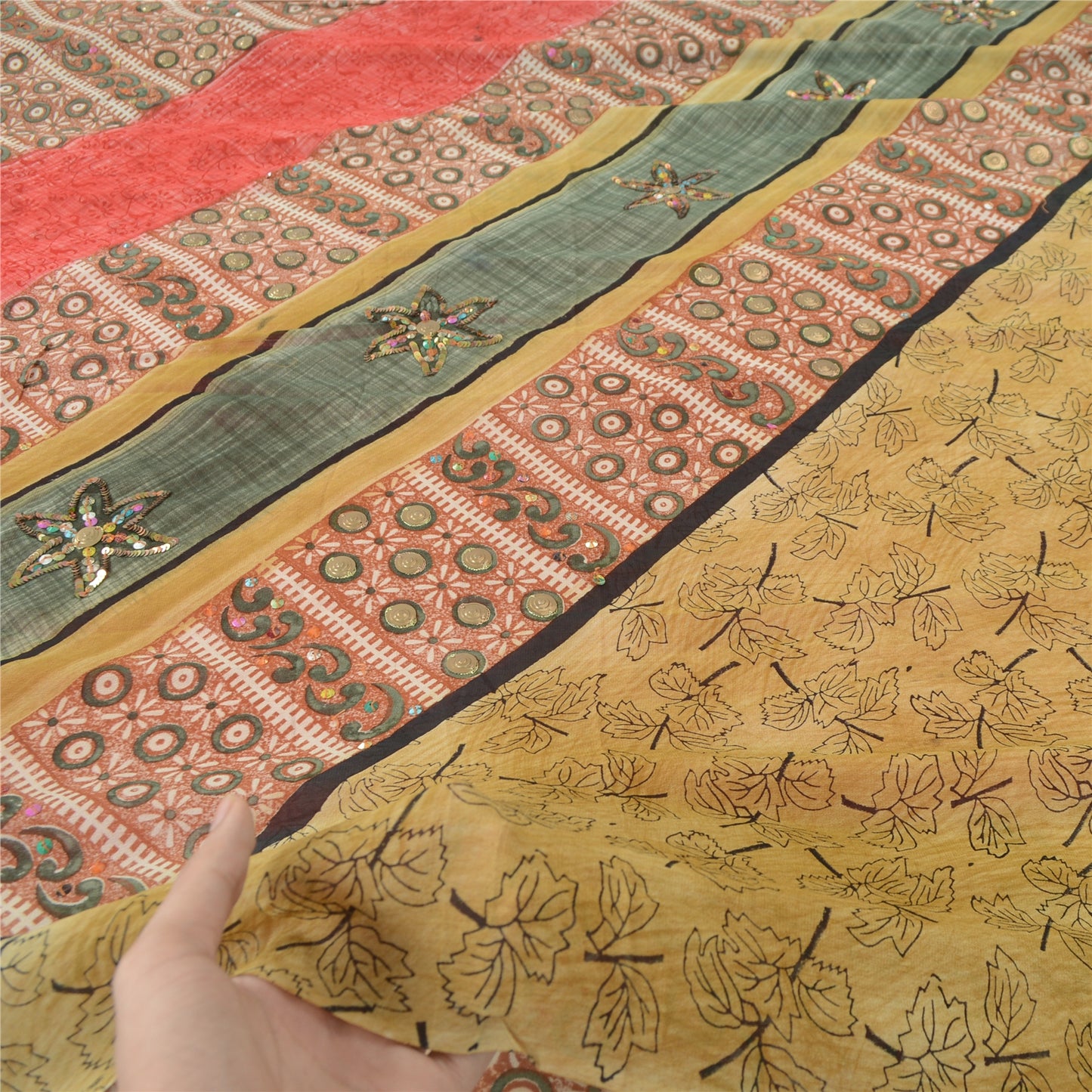 Sanskriti Vintage 100% Pure Georgette Silk Bollywood Multicolor Printed 5 Yd Saree Home Decor, Women Floral Outfit, Silk Scrap Fabric