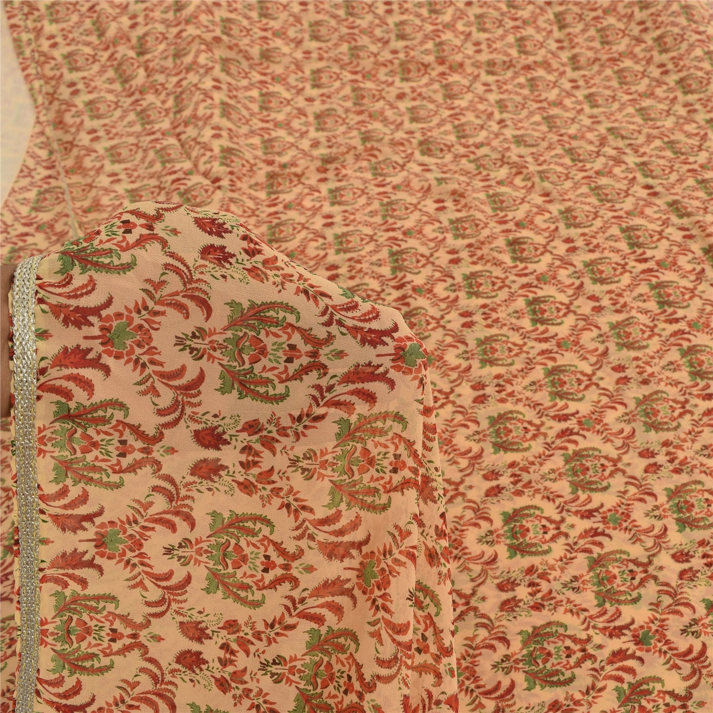 Sanskriti Vintage Cream Saree Georgette Printed Sari 5Yd Decor Soft Craft Sustainable Fabric