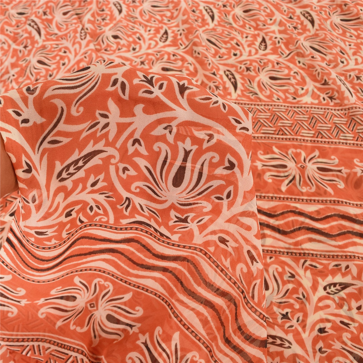 Sanskriti Vintage Peach Saree Georgette Printed Sari 5 Yard Craft Decor Sustainable Fabric