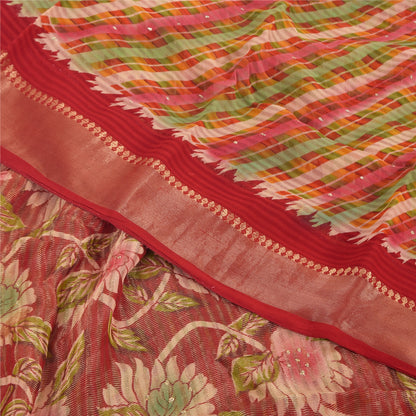 Sanskriti Vintage Rød Sari Blandet Georgette Trykt Sari 5 Yard Håndværk Dekor Bæredygtigt Stoff