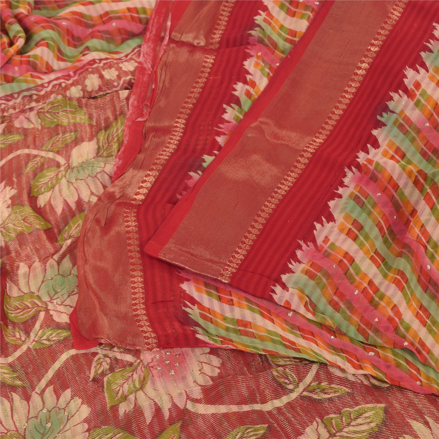 Sanskriti Vintage Rød Sari Blandet Georgette Trykt Sari 5 Yard Håndværk Dekor Bæredygtigt Stoff