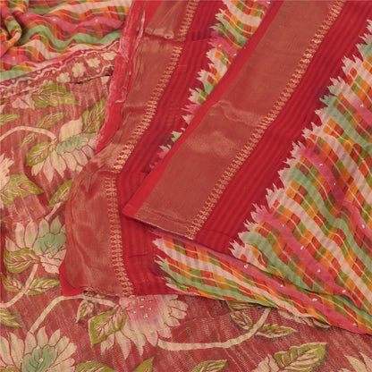 Sanskriti Vintage Rød Sari Blandet Georgette Trykt Sari 5 Yard Håndværk Dekor Bæredygtigt Stoff