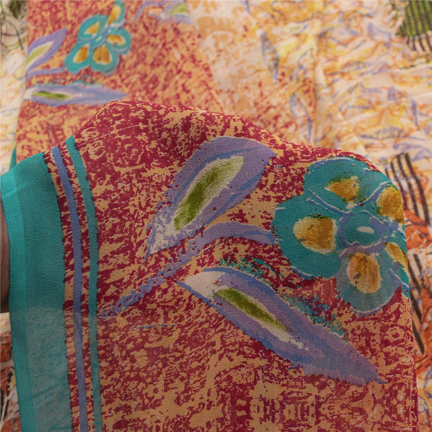 Sanskriti Vintage Saree Red 100% Pure Georgette Silk 5.5+Yard Saree Floral Printed Sari For Crafters, Upcycling, Recycling, Dress Making