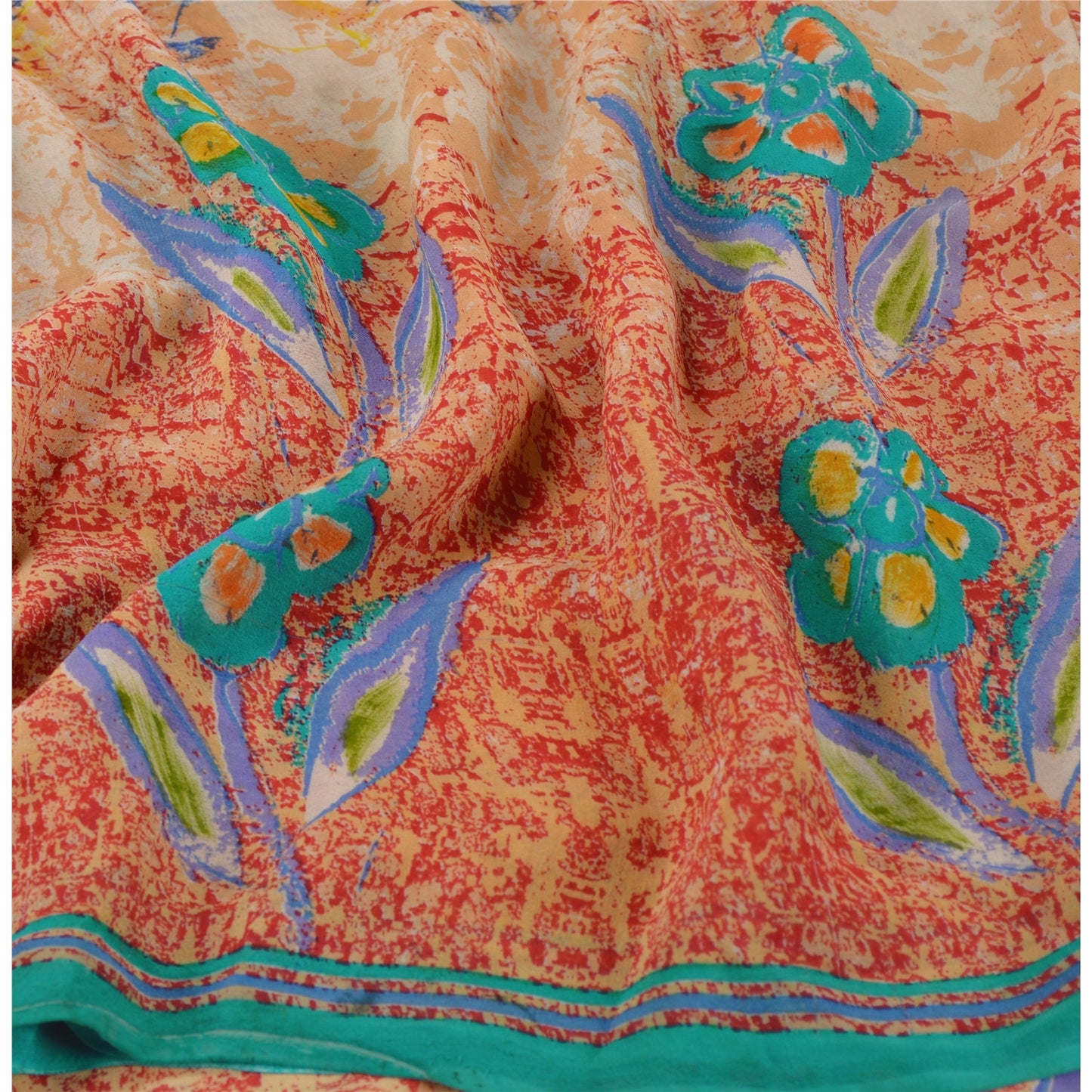 Sanskriti Vintage Saree Red 100% Pure Georgette Silk 5.5+Yard Saree Floral Printed Sari For Crafters, Upcycling, Recycling, Dress Making
