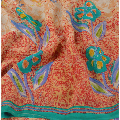 Sanskriti Vintage Saree Red 100% Pure Georgette Silk 5.5+Yard Saree Floral Printed Sari For Crafters, Upcycling, Recycling, Dress Making