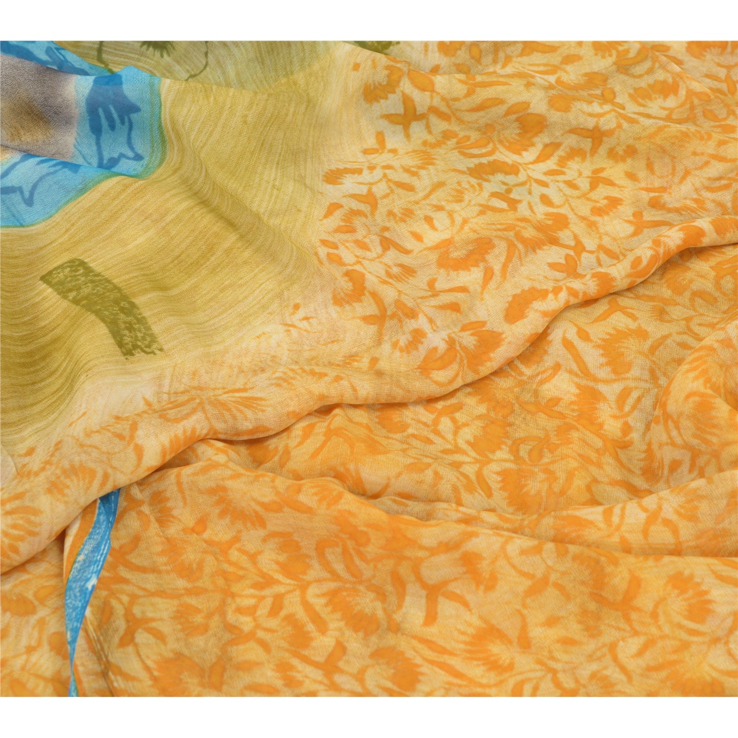 Sanskriti Vintage Saree Orange Saree 100% Pure Georgette Silk 5.5+Yard Floral Print Sari Craft Fabric Upcycling, Recycling, Dress Making