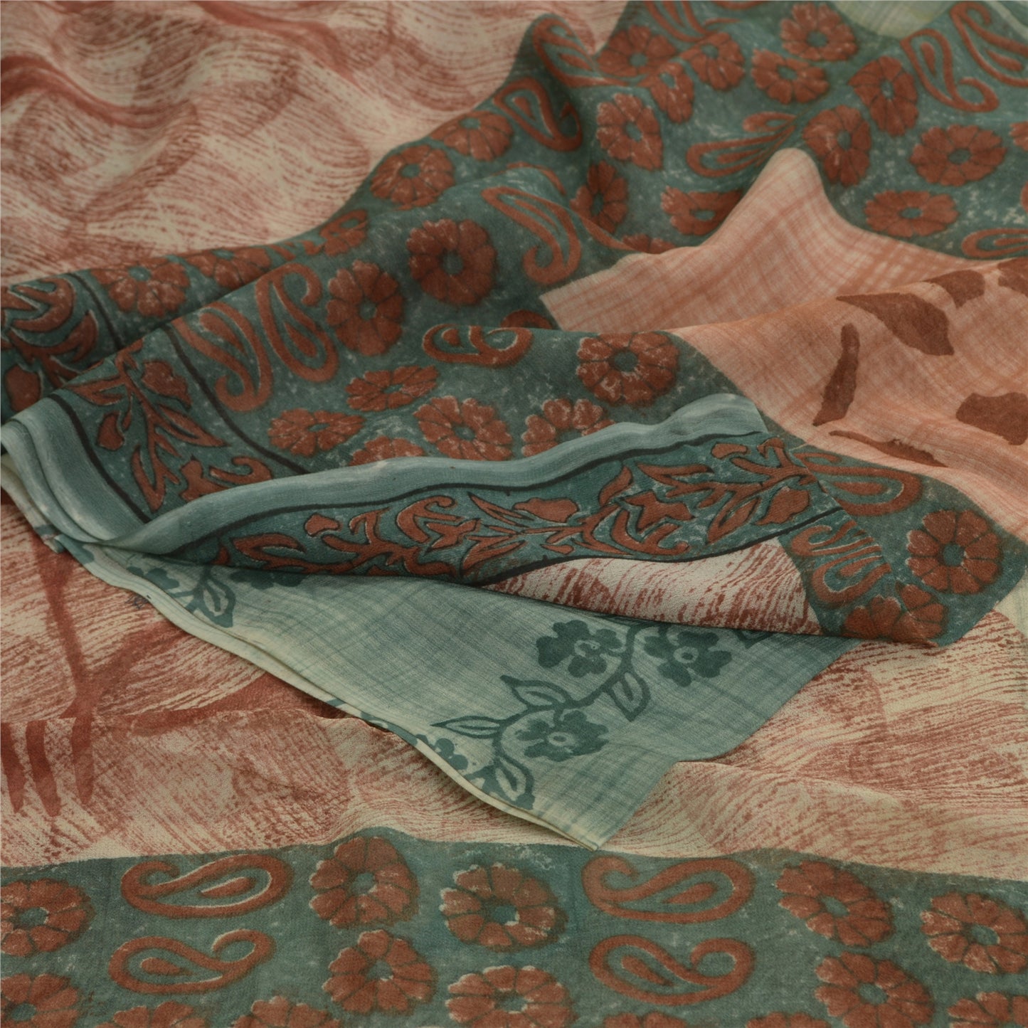 Sanskriti Vintage Pink & Blue Sarees Pure Georgette Print Sari 5yd Craft Fabric