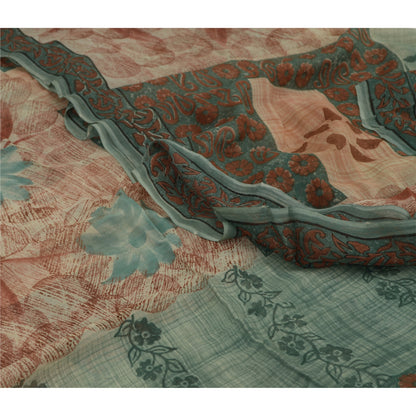 Sanskriti Vintage Pink & Blue Sarees Pure Georgette Print Sari 5yd Craft Fabric