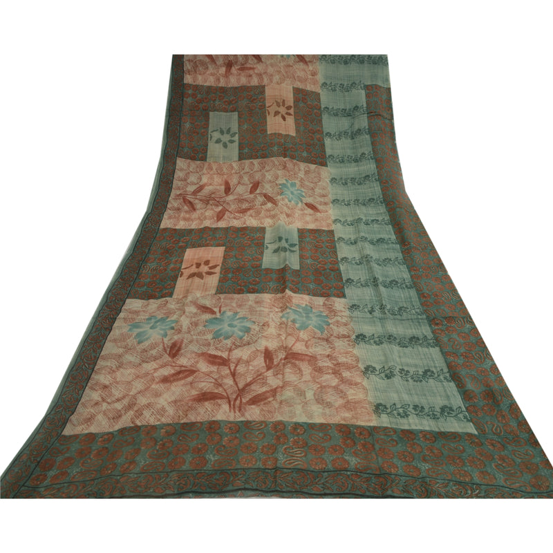 Sanskriti Vintage Pink & Blue Sarees Pure Georgette Print Sari 5yd Craft Fabric