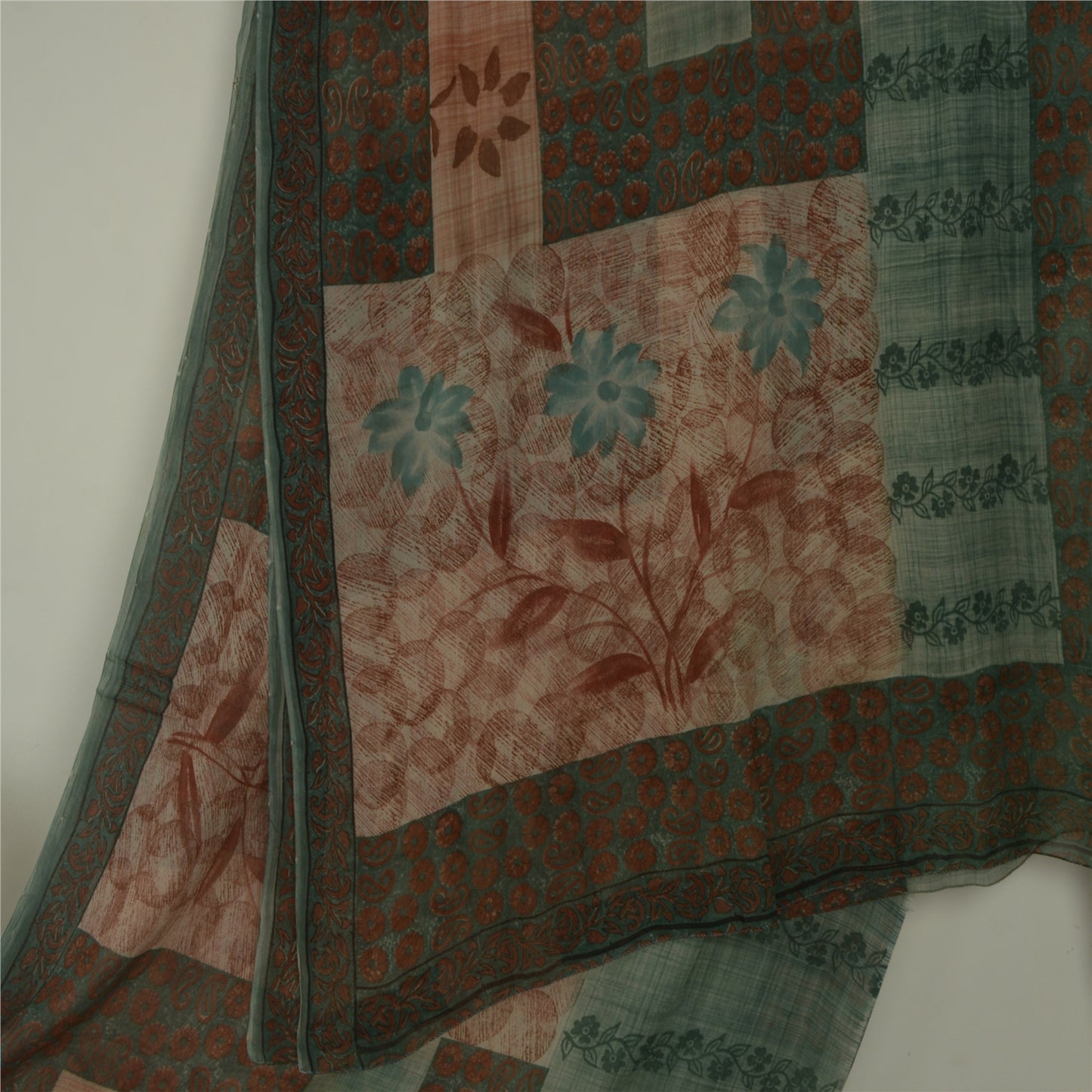 Sanskriti Vintage Pink & Blue Sarees Pure Georgette Print Sari 5yd Craft Fabric