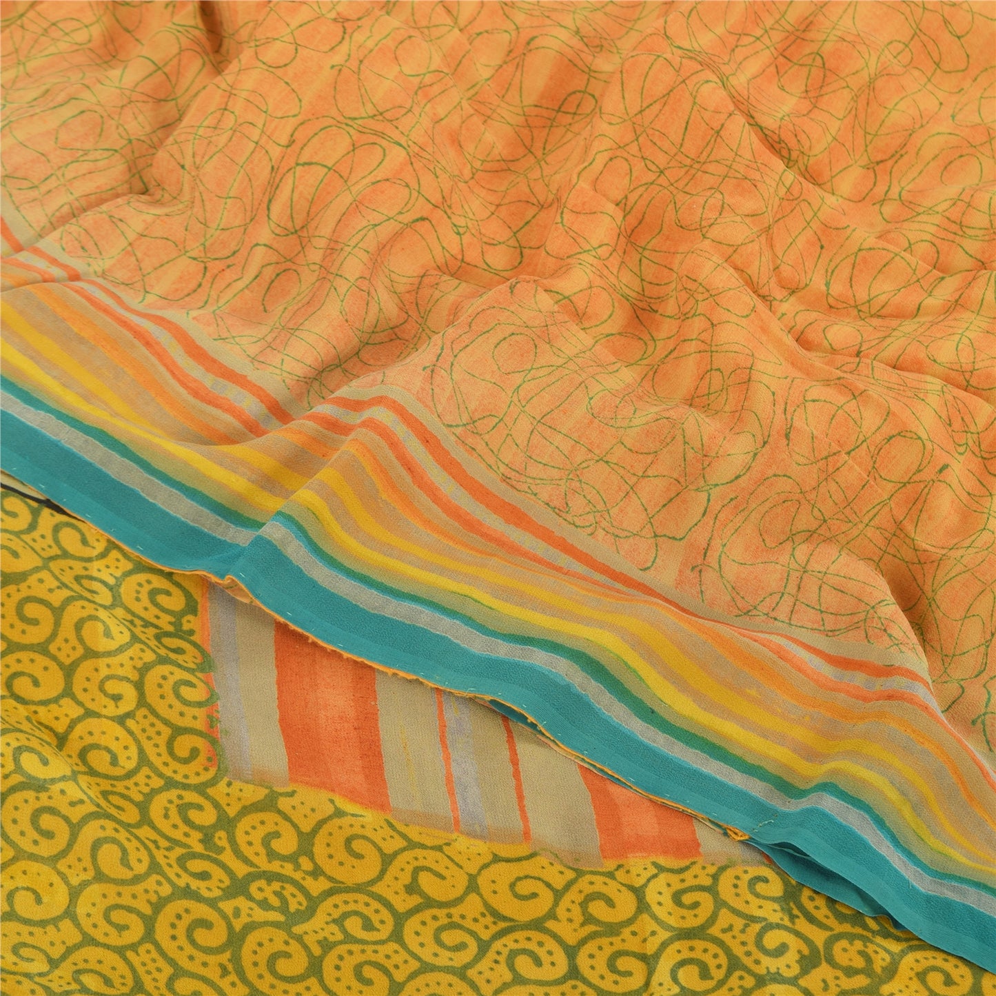 Sanskriti Vintage Peach Saree Pure Georgette Silk Printed Sari 5Yd Craft Sustainable Fabric