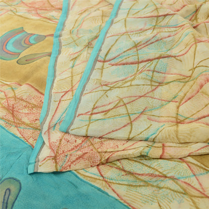 Sanskriti Vintage Saree Cream 100% Pure Georgette Silk 5.5 Yard Saree Bollywood Floral Printed Fabric Home Decor, Sewing, DIY Projects