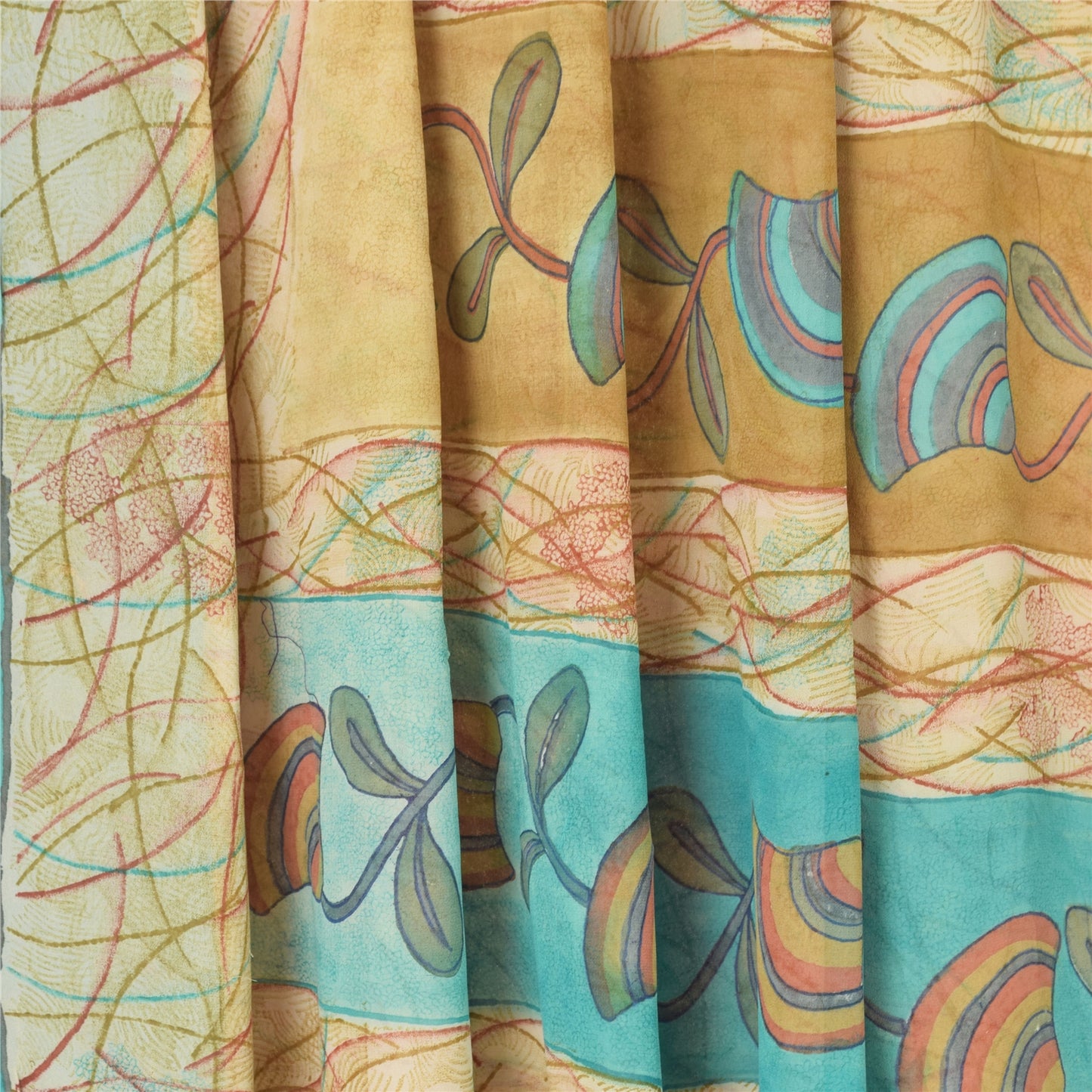 Sanskriti Vintage Saree Cream 100% Pure Georgette Silk 5.5 Yard Saree Bollywood Floral Printed Fabric Home Decor, Sewing, DIY Projects