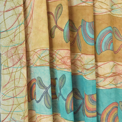 Sanskriti Vintage Saree Cream 100% Pure Georgette Silk 5.5 Yard Saree Bollywood Floral Printed Fabric Home Decor, Sewing, DIY Projects