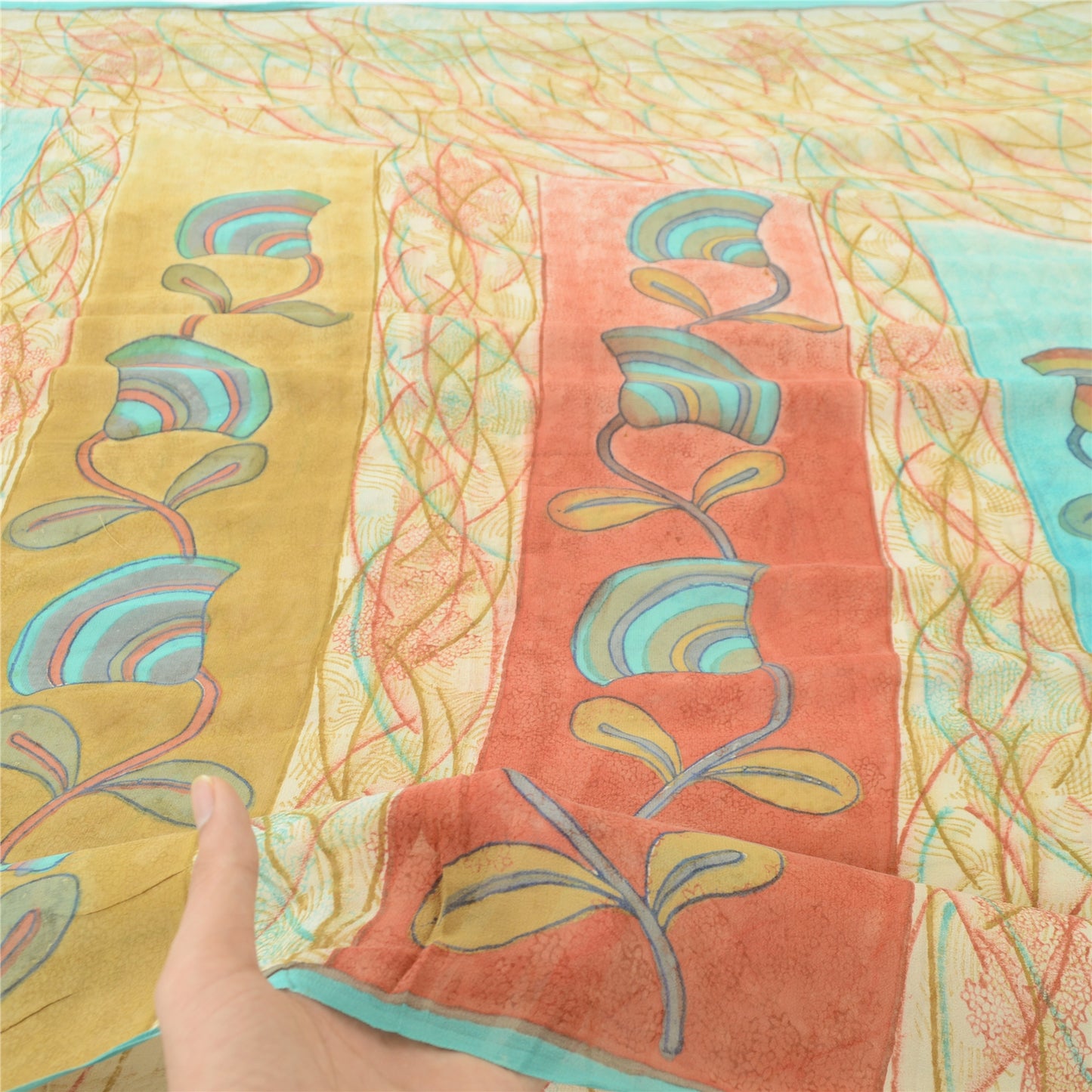 Sanskriti Vintage Saree Cream 100% Pure Georgette Silk 5.5 Yard Saree Bollywood Floral Printed Fabric Home Decor, Sewing, DIY Projects