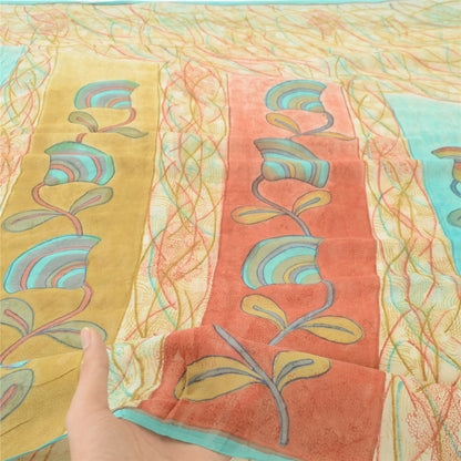 Sanskriti Vintage Saree Cream 100% Pure Georgette Silk 5.5 Yard Saree Bollywood Floral Printed Fabric Home Decor, Sewing, DIY Projects