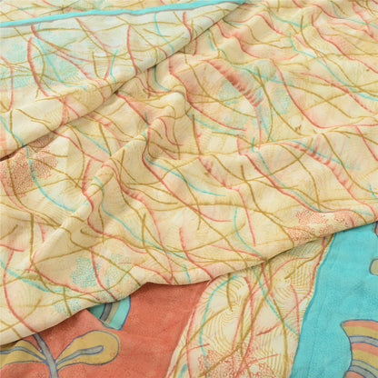 Sanskriti Vintage Saree Cream 100% Pure Georgette Silk 5.5 Yard Saree Bollywood Floral Printed Fabric Home Decor, Sewing, DIY Projects