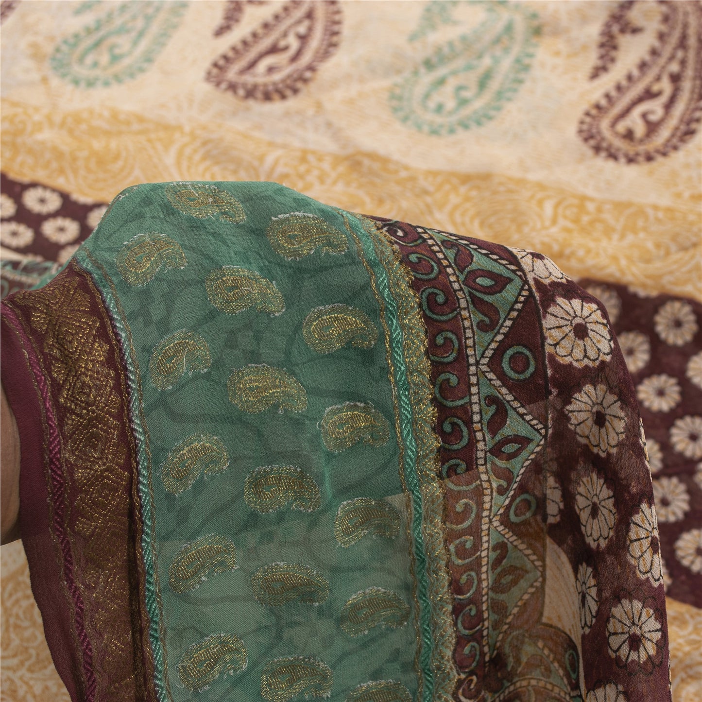 Sanskriti Vintage Saree Multicolor 100% Pure Georgette Silk 5.5+Yd Saree Paisley Printed Woven Sari Home Decor, Sewing, DIY Projects