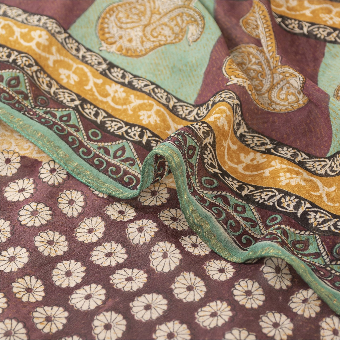 Sanskriti Vintage Saree Multicolor 100% Pure Georgette Silk 5.5+Yd Saree Paisley Printed Woven Sari Home Decor, Sewing, DIY Projects