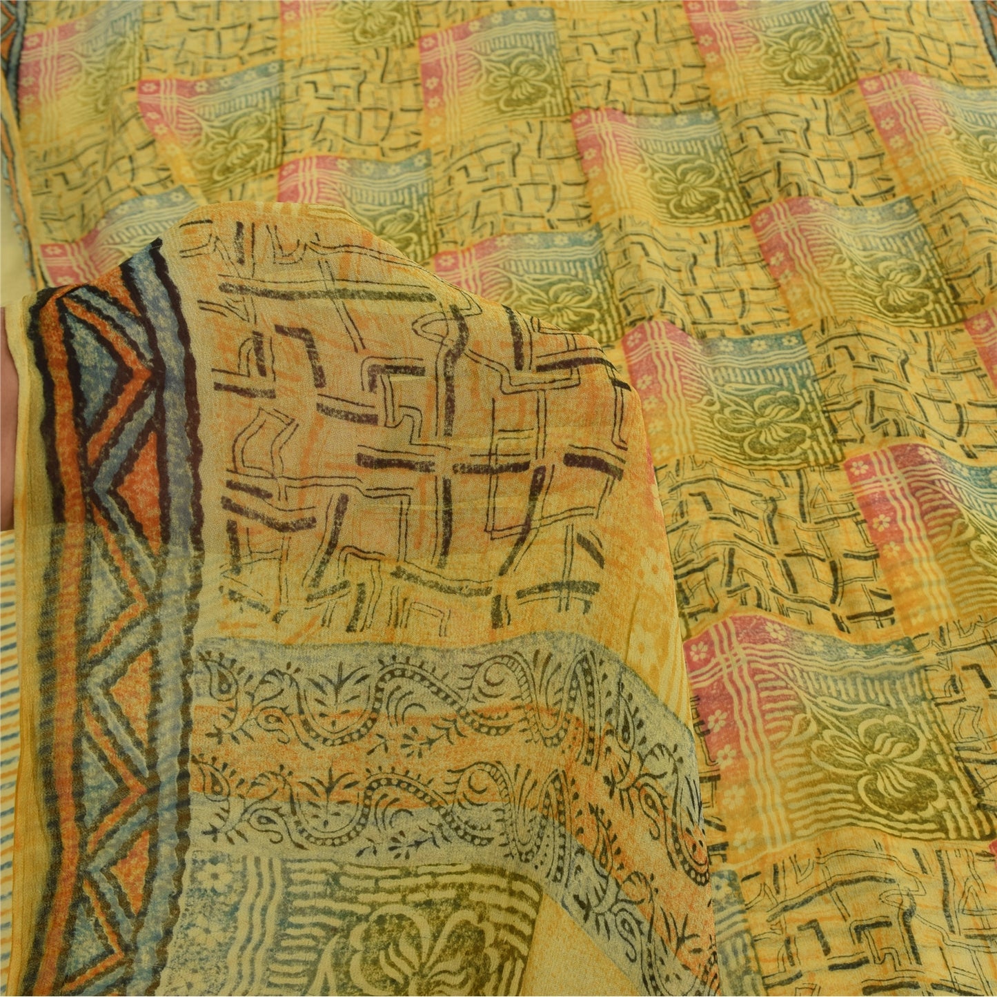 Sanskriti Vintage Blend Georgette Green Printed Sarees 5 Yard Craft Fabric upholstery fabric