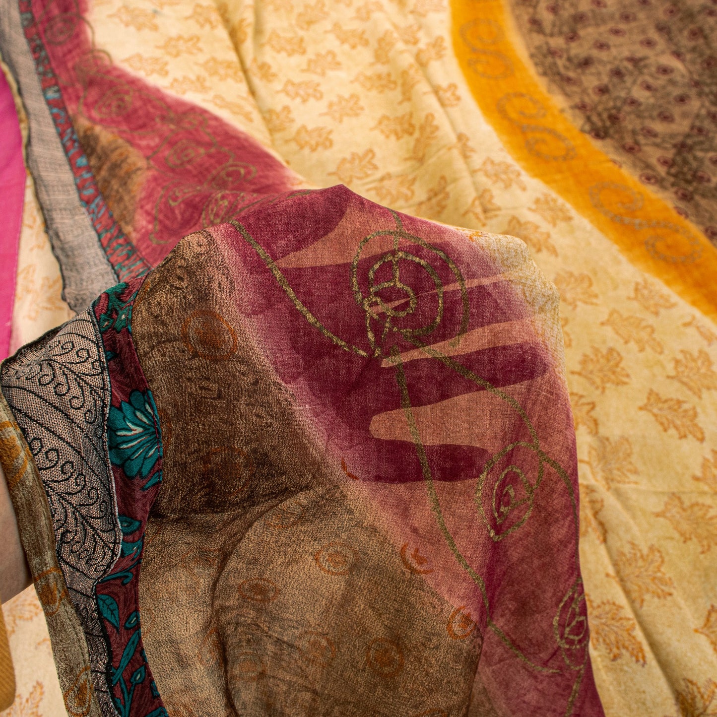 Sanskriti Vintage Sari 100% Pure Georgette Silk Brown Printed Floral Saree 5Yd Craft Fabric Boho Quilting Material For DIY Projects