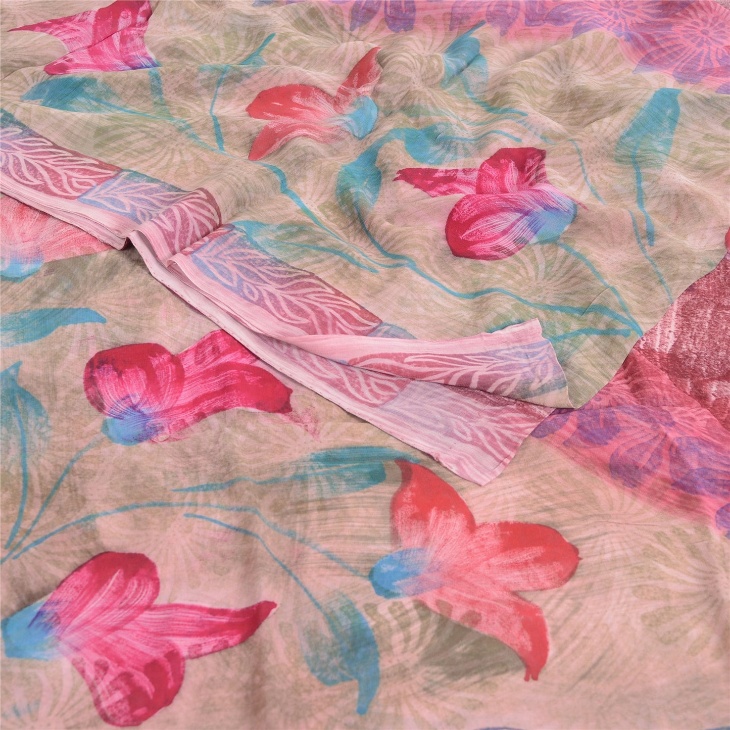 Sanskriti Vintage Sari 100% Pure Georgette Purple Printed Saree 5 Yd Craft Fabric Floral Recycled For Quilting Felting, Home Decor