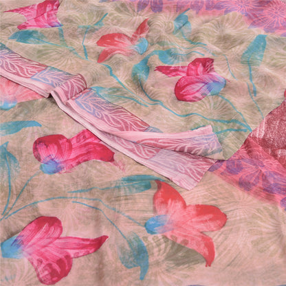 Sanskriti Vintage Sari 100% Pure Georgette Purple Printed Saree 5 Yd Craft Fabric Floral Recycled For Quilting Felting, Home Decor